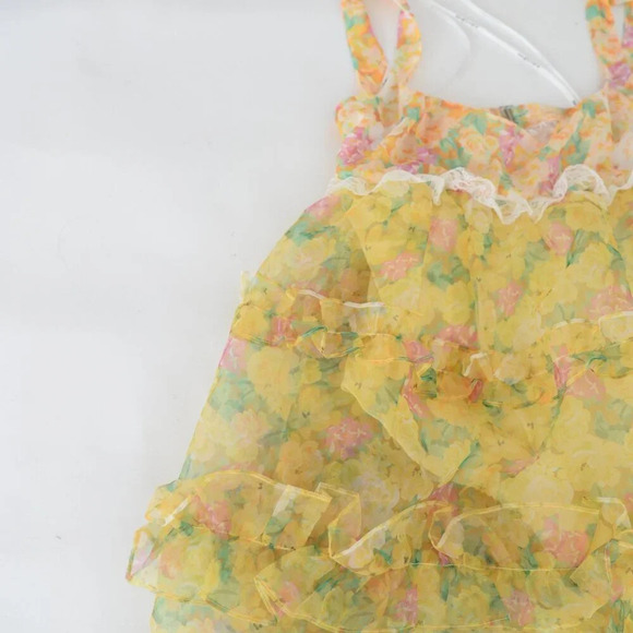 For Love & Lemons Vicki Sheer Tiered Yellow Lace Ruffle Maxi Dress M - Picture 8 of 13